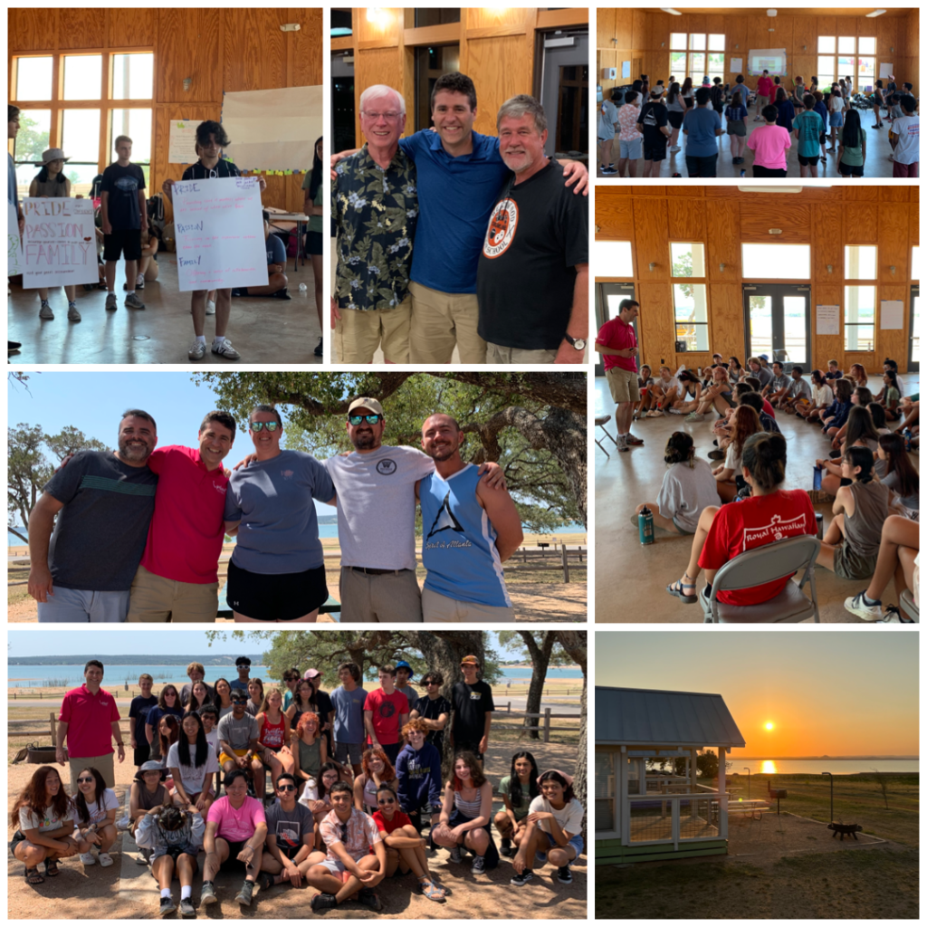 Mr. Turpin, Mrs. Dacy, Mr. Winters, Mr. Sheeran, Dr. Arau of Upbeat Global, and retired Westwood band directors, Mr. Van Zandt and Mr. Green, work with student leaders at our 2022 Leadership Camp in Lake Buchanan.
